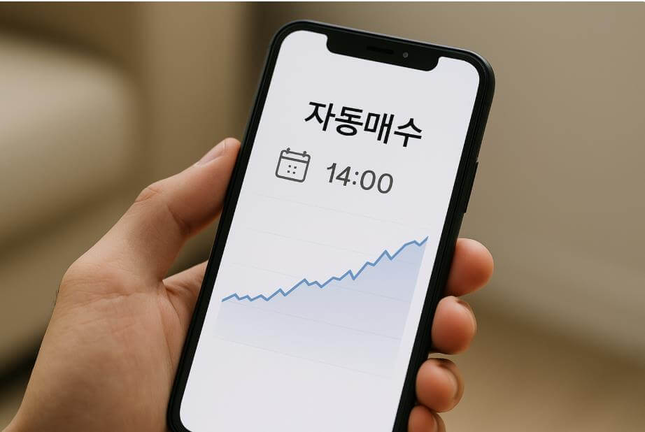 스마트폰 화면에 &lsquo;자동매수&rsquo;와 상승 그래프가 표시된 금융 앱 모습.