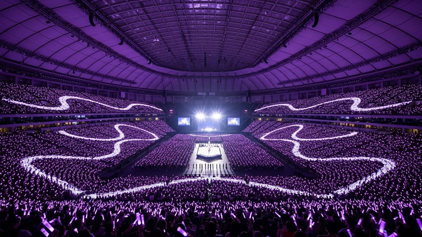 A massive dome stadium packed with tens of thousands of spectators, with waves of purple light sticks spreading out like the Milky Way.