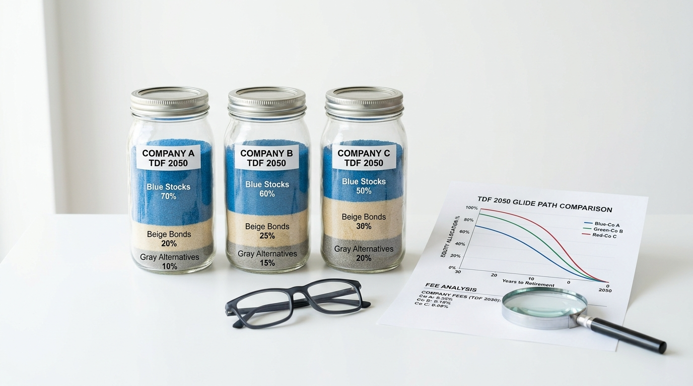 용기에 담아져 다른 자산운용사의 TDF 2050 상품 비교하는 사진
