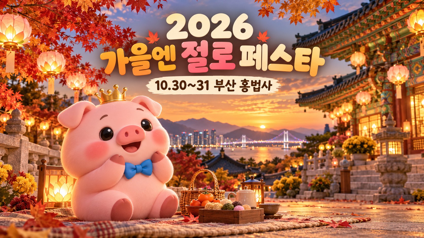2026 부산 가을엔 절로 페스타 홍법사 가을밤 피크닉을 소개하는 소소피그 AI 일러스트