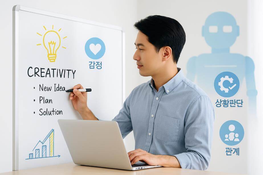 화이트보드에 창의적 아이디어를 정리하는 직장인 모습