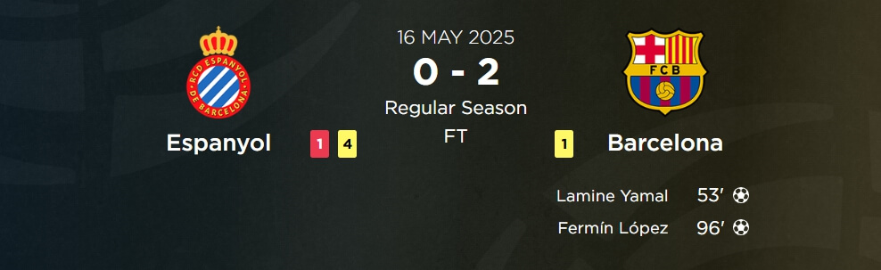 2025년 5월 16일 에스파뇰 대 바르셀로나 경기 결과, 0-2 바르셀로나 승리, 득점자 야말&middot;로페스