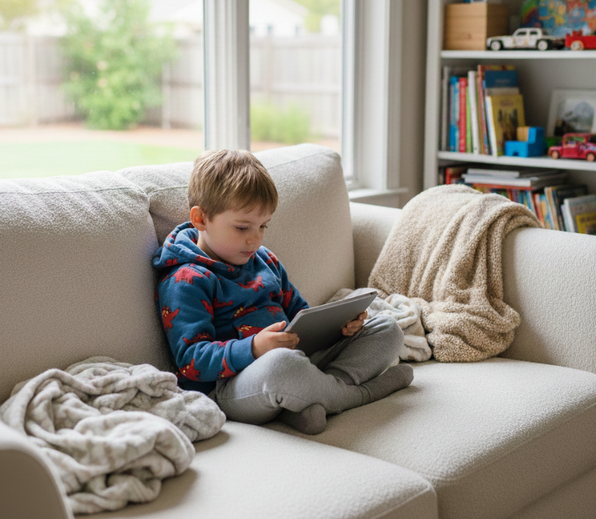 아이가 태블릿으로 영상을 보는 모습