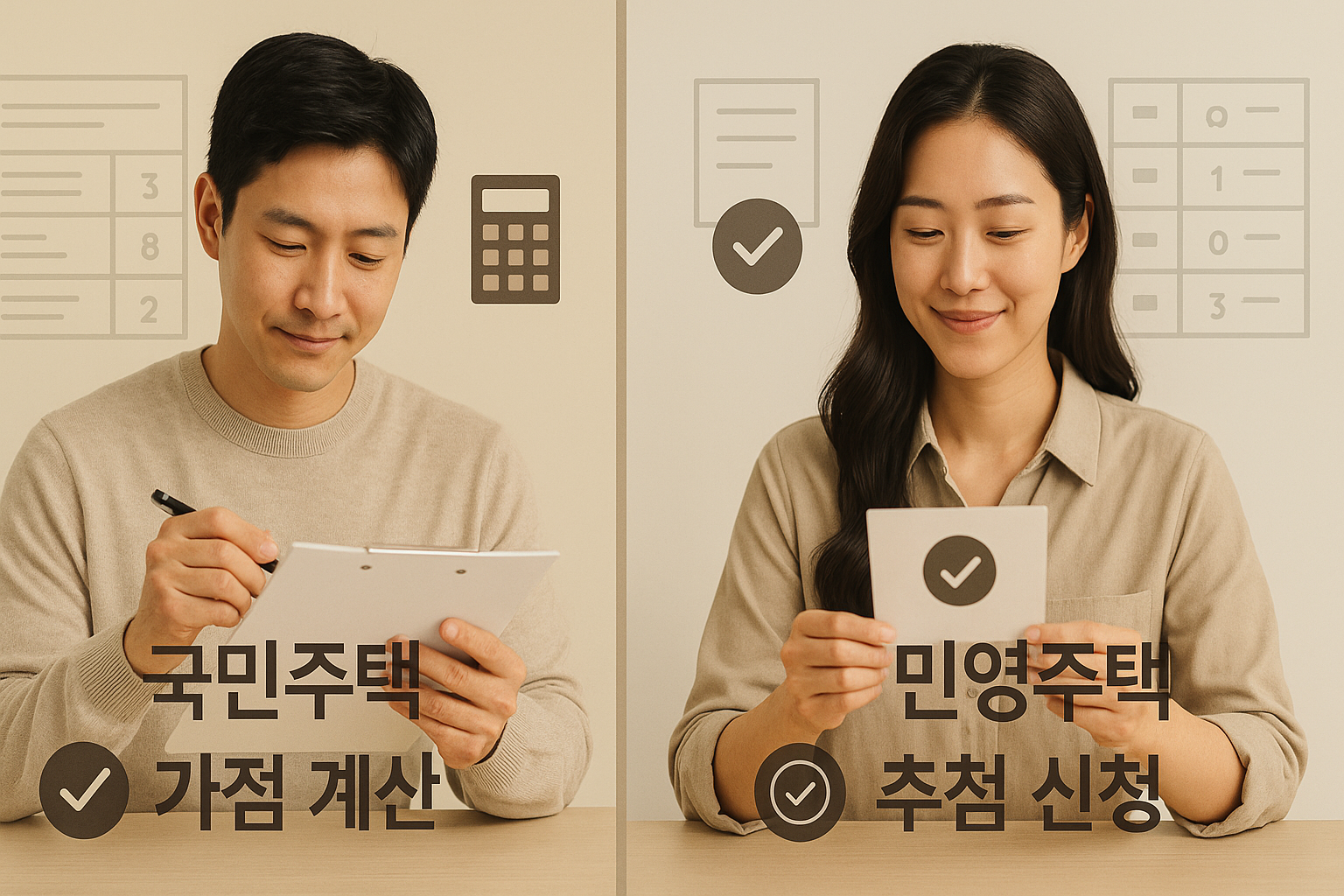 두 명의 한국인 신청자가 등장하는 분할 화면 인포그래픽, 왼쪽은 국민주택 가점 계산 중인 남성, 오른쪽은 민영주택 추첨에 참여하는 여성