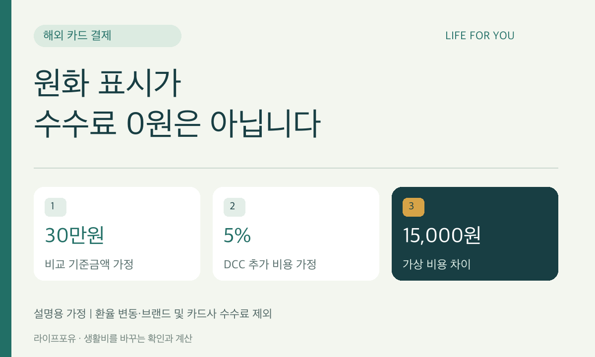 원화 표시가 &middot; 수수료 0원은 아닙니다 &mdash; 30만원 비교 기준금액 가정, 5% DCC 추가 비용 가정, 15,000원 가상 비용 차이 (설명용 가정 ❘ 환율 변동&middot;브랜드 및 카드사 수수료 제외)