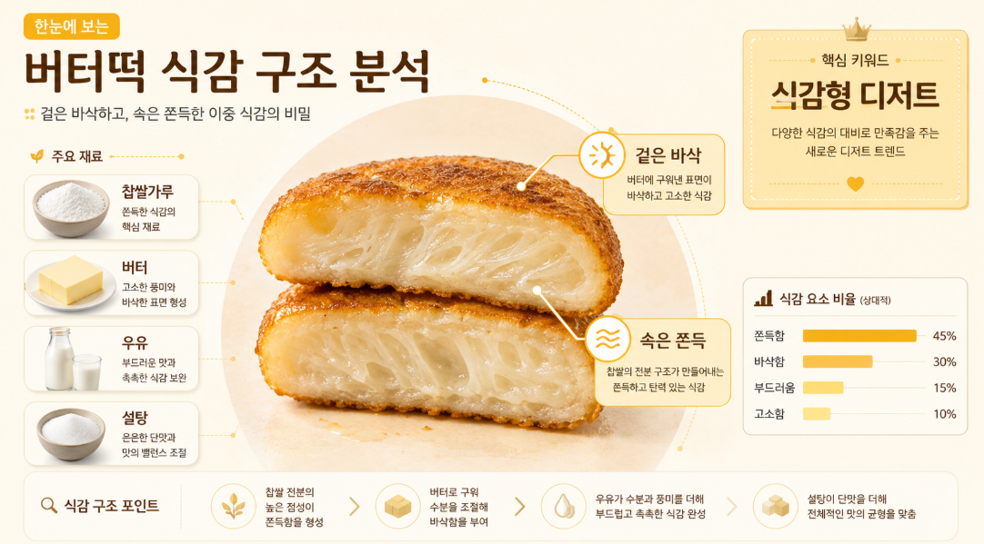 버터떡의 겉바속쫀 식감과 찹쌀, 버터 재료 구성을 설명하는 인포그래픽