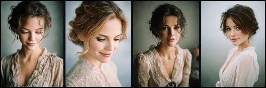 감성 키워드 조합, dreamy와 nostalgic 톤이 조화된 우아한 여성 포트레이트 이미지_Midjourney