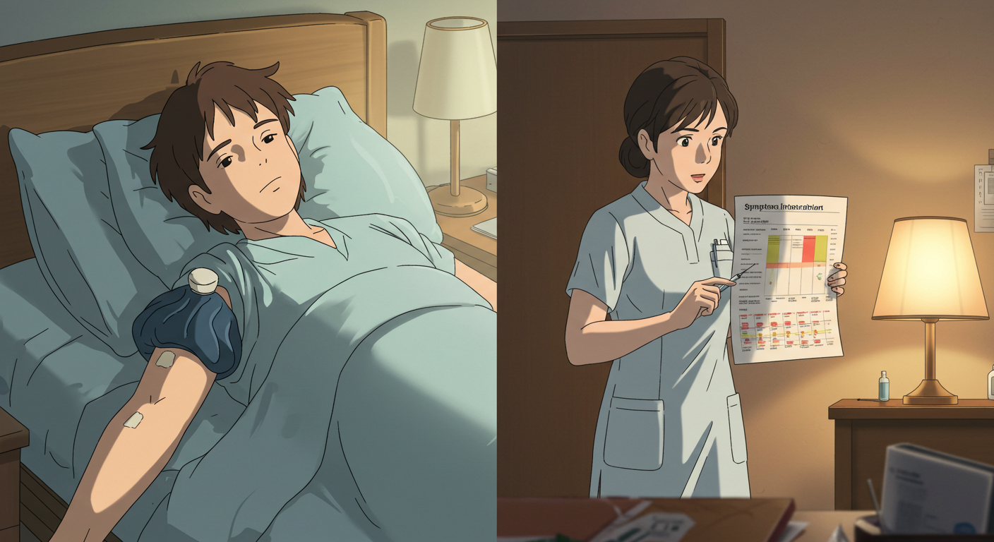 예방접종 후 휴식과 증상 안내 장면