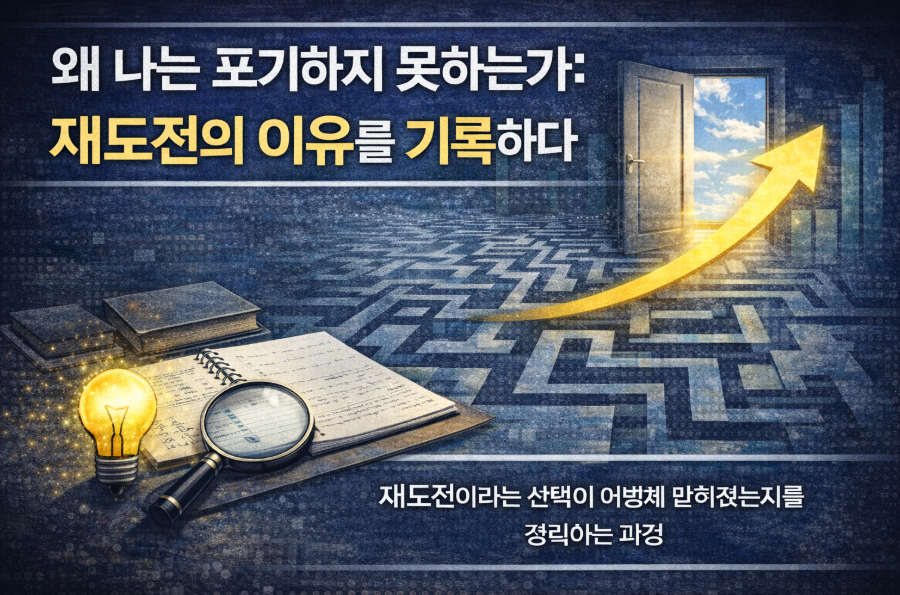 블로그 운영 중 반복된 실패와 정체 속에서도 재도전을 선택한 이유를 상징적으로 표현한 대표 썸네일 이미지