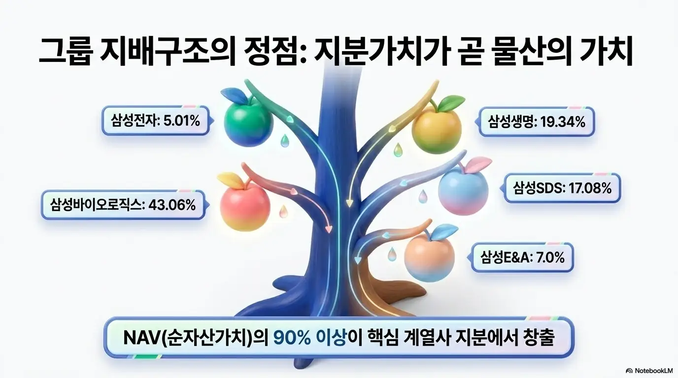 삼성물산 주가 전망: 삼성물산이 삼성그룹 지배구조의 정점에 있음을 나무 그림으로 보여주는 인포그래픽. 삼성전자 5.01%, 삼성생명 19.34%, 삼성바이오로직스 43.06%, 삼성SDS 17.08%, 삼성E&A 7.0% 등 핵심 계열사 지분을 열매로 표현하고, NAV의 90% 이상이 이들 지분에서 창출됨을 강조하며, 블로그의 삼성물산 주가 전망 주제를 시각적으로 설명함