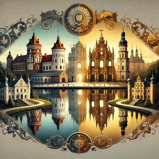 벨라루스 미르 성과 니스비시 성의 풍경, 중세와 바로크 건축 양식이 어우러진 장면