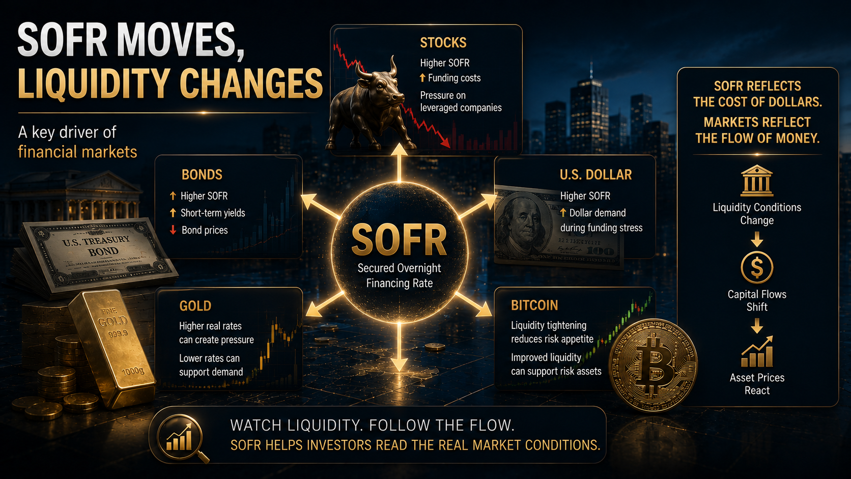 How SOFR changes impact stocks bonds dollar gold and bitcoin through liquidity conditions