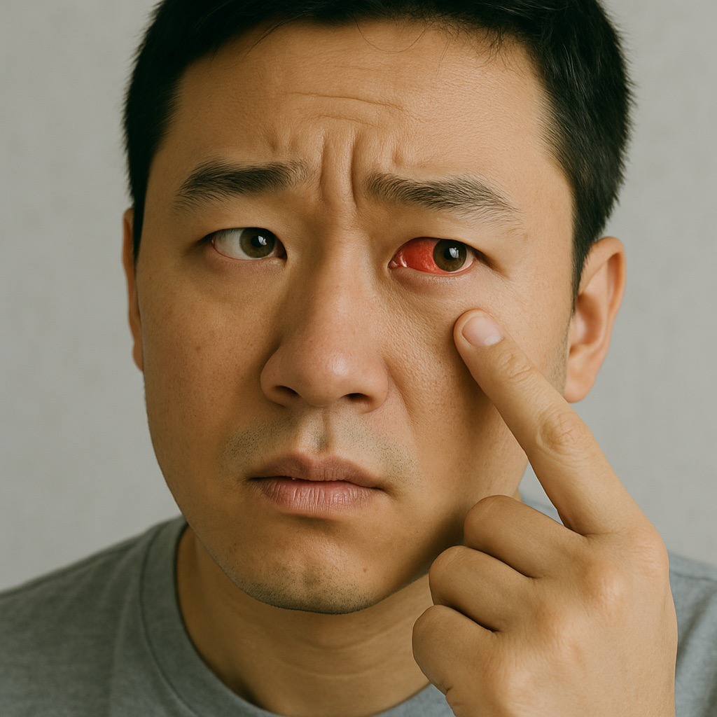 눈 실핏줄이 터져 흰자위에 붉은 반점이 생긴 남성(출처: 자체제작)