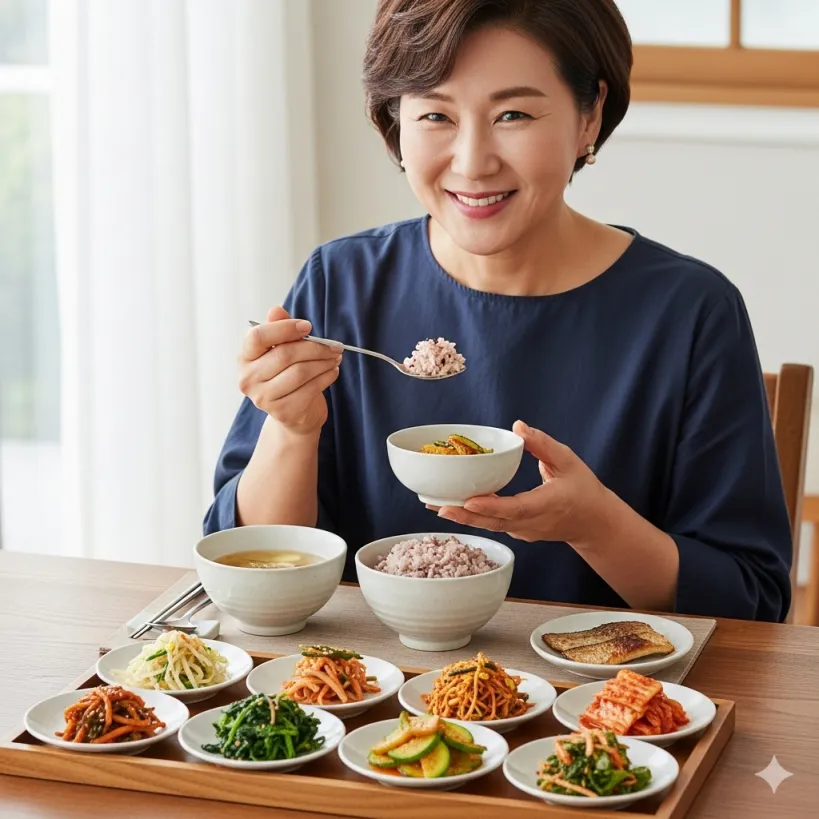 GI지수가 낮고 건강한 음식으로 식사하는 50대 여성 이미지