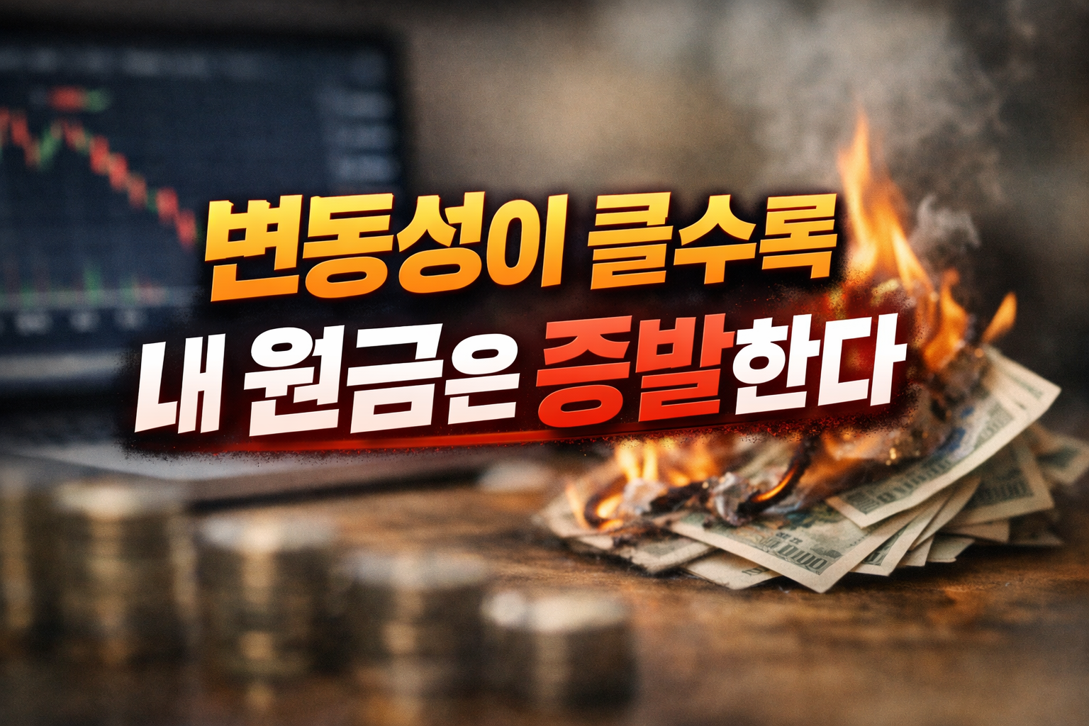 불타는 달러 지폐와 하락 차트 배경 위에 &lsquo;변동성이 클수록 내 원금은 증발한다&rsquo; 문구가 들어간 레버리지 ETF 위험 경고 썸네일