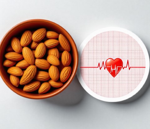 그릇에 담긴 아몬드와 안정적인 혈압 그래프가 있습니다.