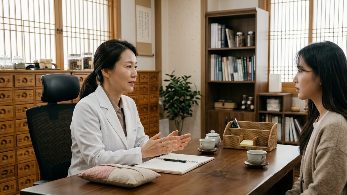 한의원 상담실에서 여성 한의사가 20대 후반 여성 환자와 상담하는 모습