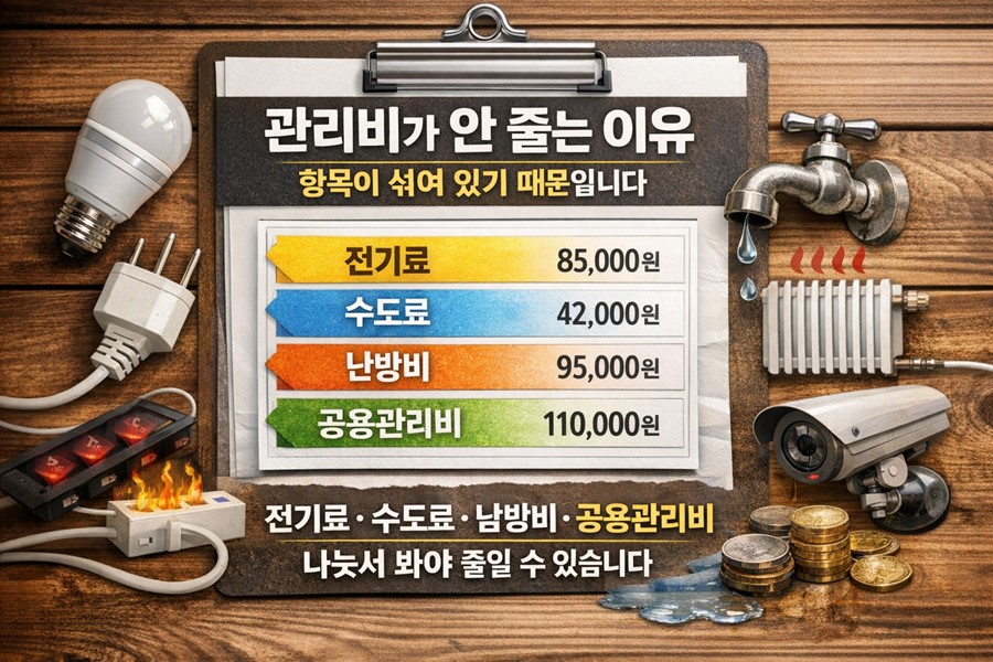 관리비 고지서 안에 전기료와 수도료, 난방비, 공용관리비가 나뉘어 보이며 관리비가 여러 항목으로 섞여 올라가는 구조를 설명하는 이미지