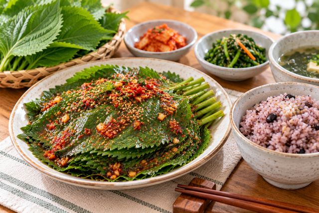 양념을 얹어 익힌 깻잎 찜과 따뜻한 잡곡밥이 차려진 건강한 식탁