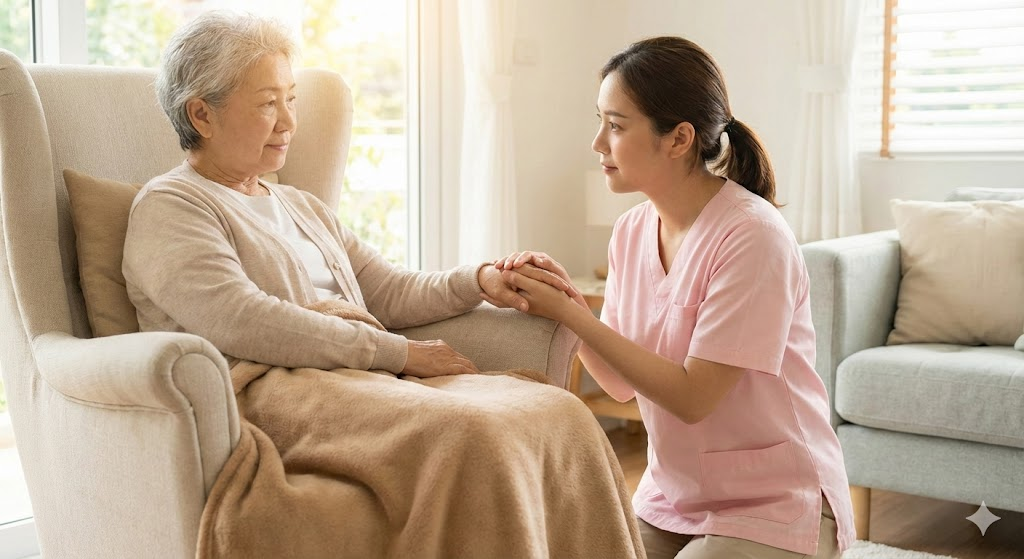 2026년 정부 간병비 지원을 받는 어르신과 간병인의 따뜻한 모습