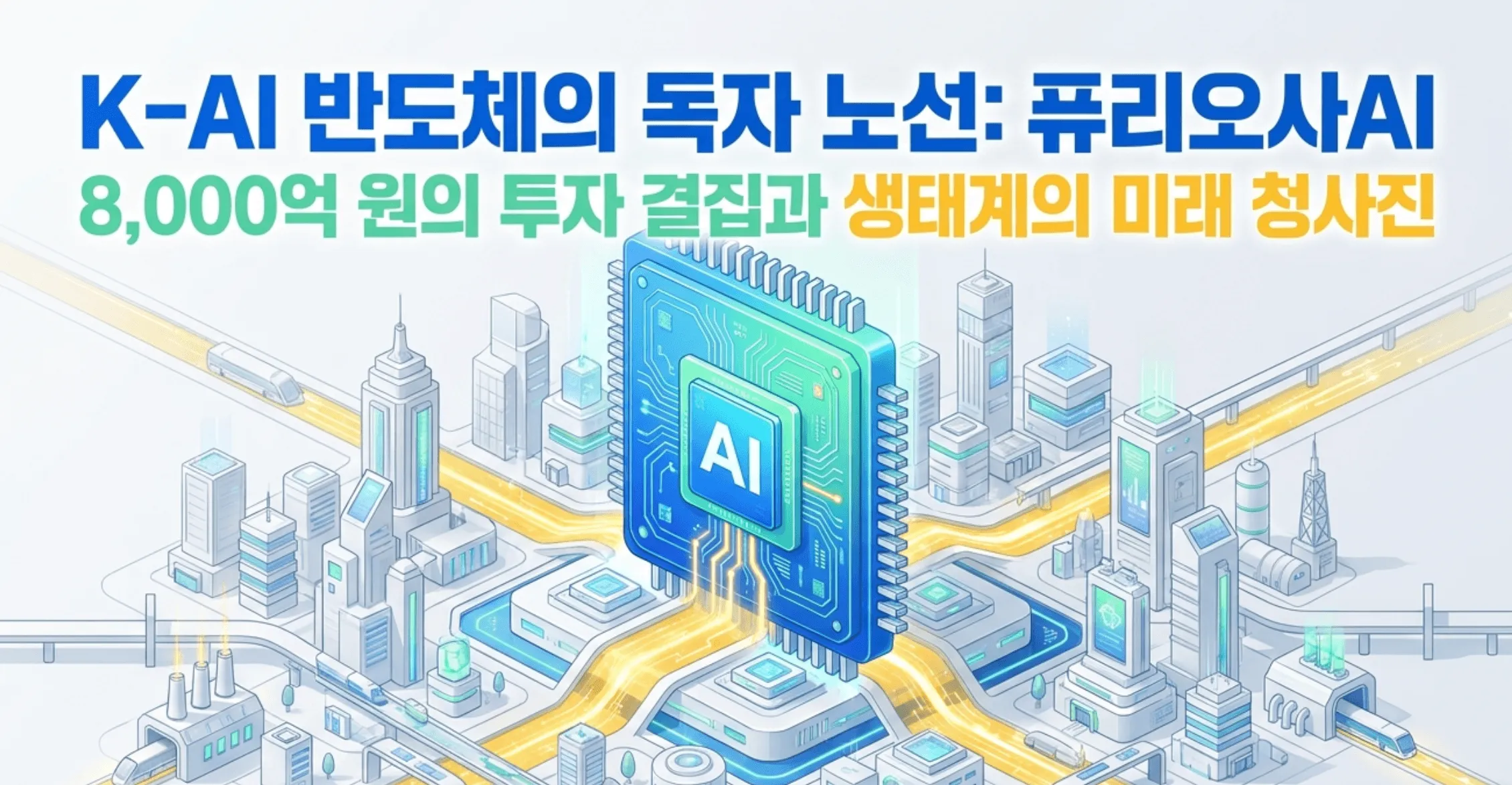 퓨리오사AI: &rsquo;K-AI 반도체의 독자 노선: 퓨리오사AI, 8,000억 원의 투자 결집과 생태계의 미래 청사진'이라는 문구가 포함된 블로그 대표 이미지. AI 반도체 칩을 중심으로 데이터센터와 첨단 도시 인프라가 연결된 일러스트로 퓨리오사AI의 NPU 기술력과 국민성장펀드 8000억 투자를 통한 K-AI 반도체 생태계 확장 비전을 시각적으로 표현하고 있다. 이 이미지는 퓨리오사AI 관련주와 상장 전망을 다루는 블로그 글의 핵심 주제를 요약한다.