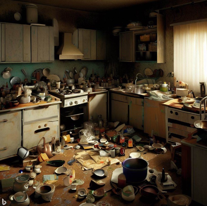 난장판이 된 주방(made by Bing)