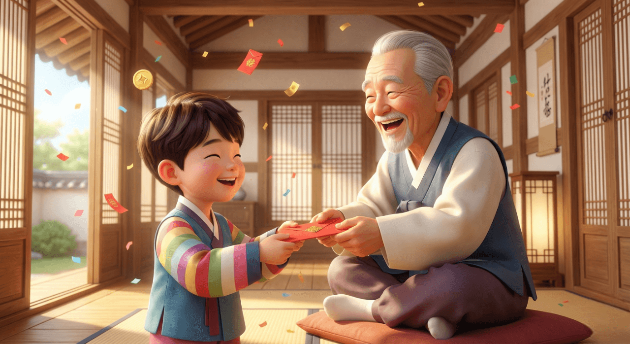 한복을 입은 7살 남자아이가 할아버지에게 세뱃돈을 받고 기뻐하는 3D 일러스트