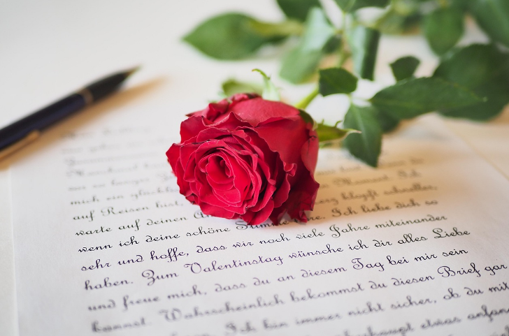 종이위에 장미가 올라간 편지의 사진