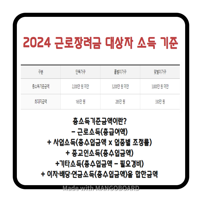 2024 근로장려금 대상자 소득 기준