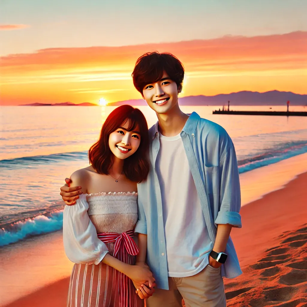 커플이 후쿠오카 해변에서 석양을 바라보며 손을 잡고 있는 모습.