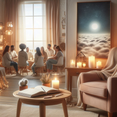 꿈의 상징들이 있는 방에서 한 사람이 꿈을 떠올리며 책을 읽고 있습니다.