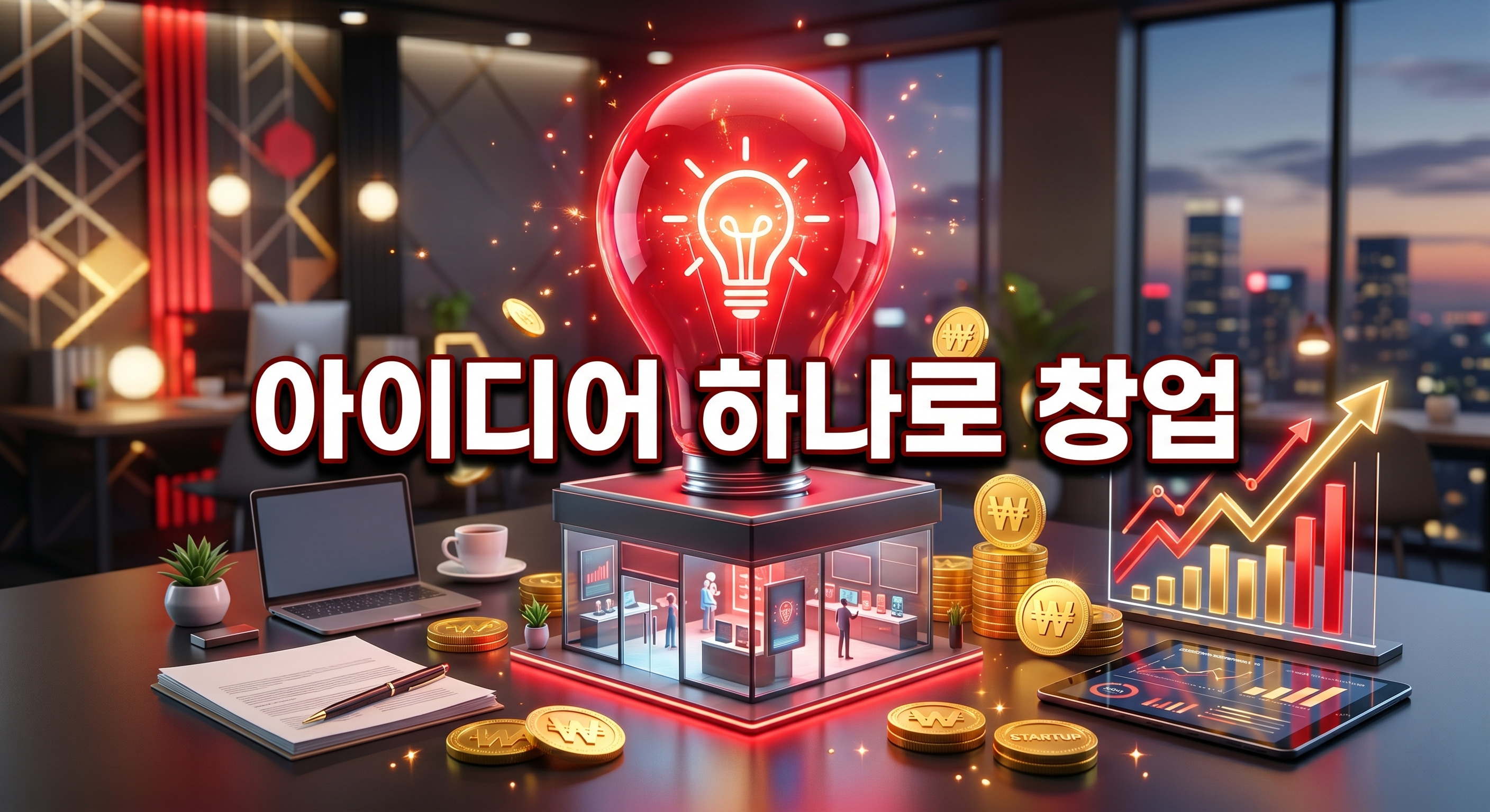 밝게 빛나는 붉은색 전구가 미니어처 형태의 세련된 디지털 상점을 비추고, 그 주변으로 금화와 비즈니스 그래프가 정돈되어 있는 3D 일러스트 배경에, 짙은 그림자와 외곽선으로 선명하게 강조된 '아이디어 하나로 창업'이라는 한글 문구가 중앙에 적힌 이미지