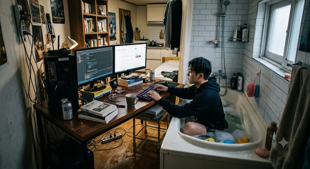좁은 원룸형 공간에 욕조와 책상이 반씩 겹쳐진 구도