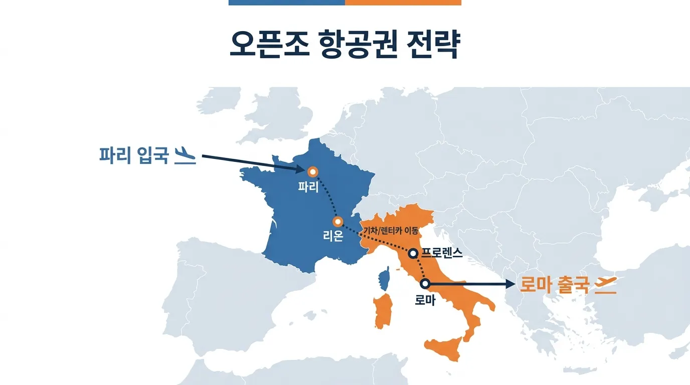 유럽 오픈조 항공권 예시 노선도
