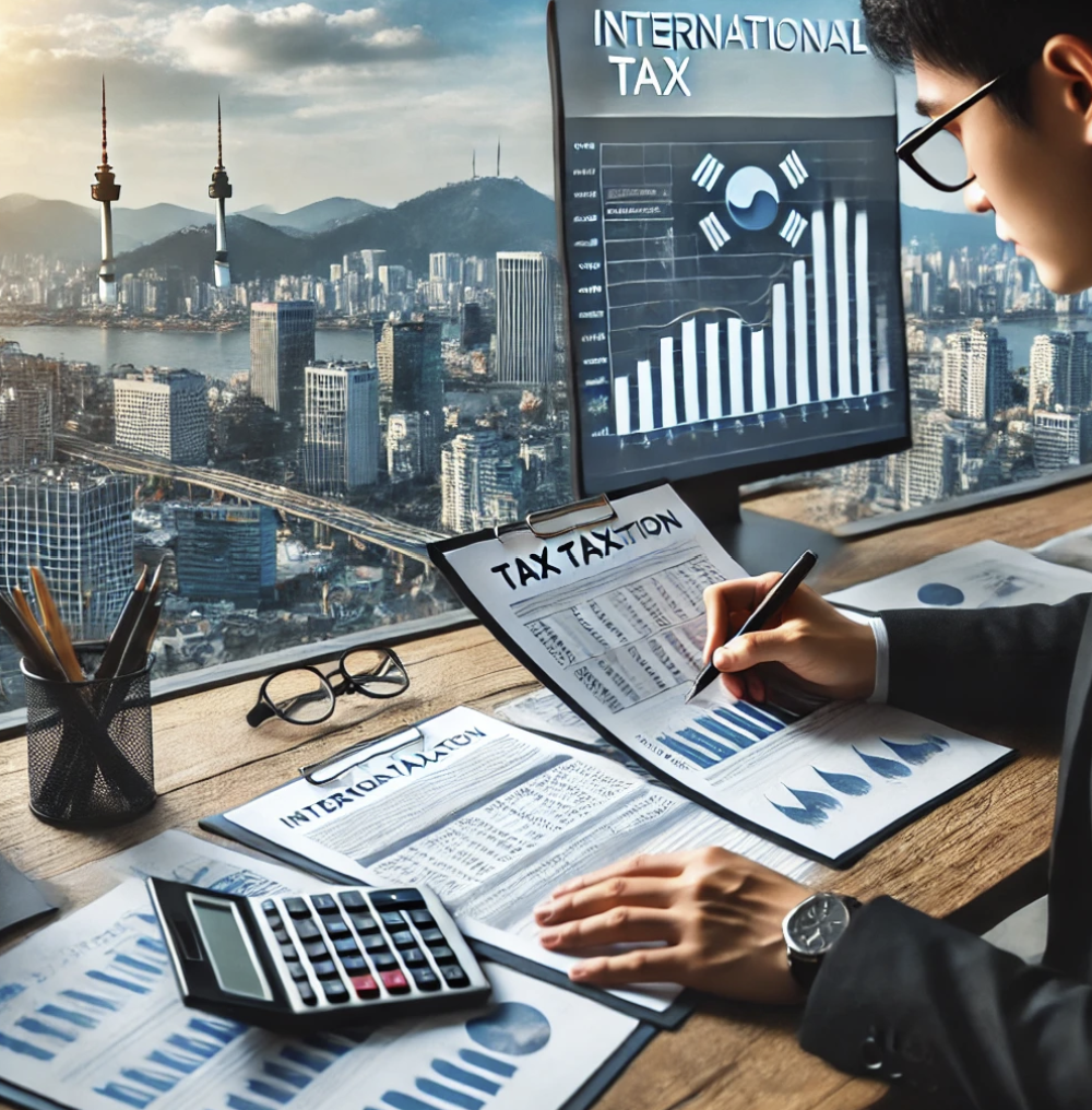 비즈니스 전문가가 국제 세금 관련 문서를 검토하는 모습