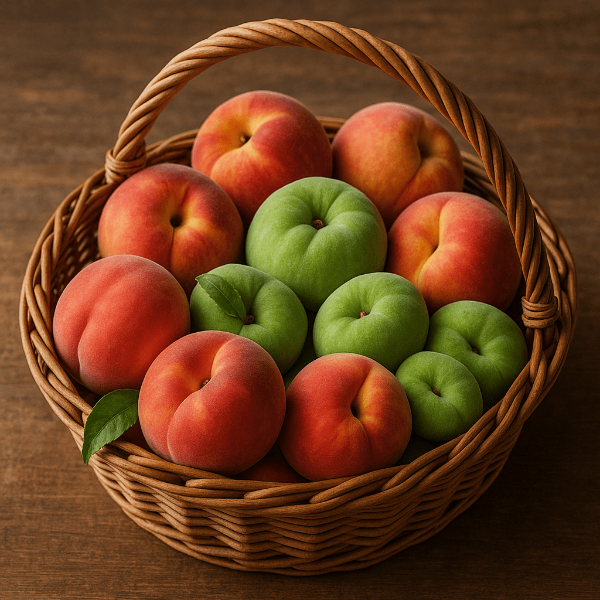 과일 바구니에 담겨있는 복숭아와 개복숭아 사진
