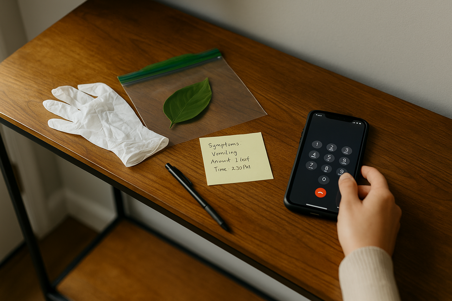 식물 조각을 지퍼백에 보관하고 휴대폰으로 ASPCA 독극물 센터에 연락하는 주인의 손