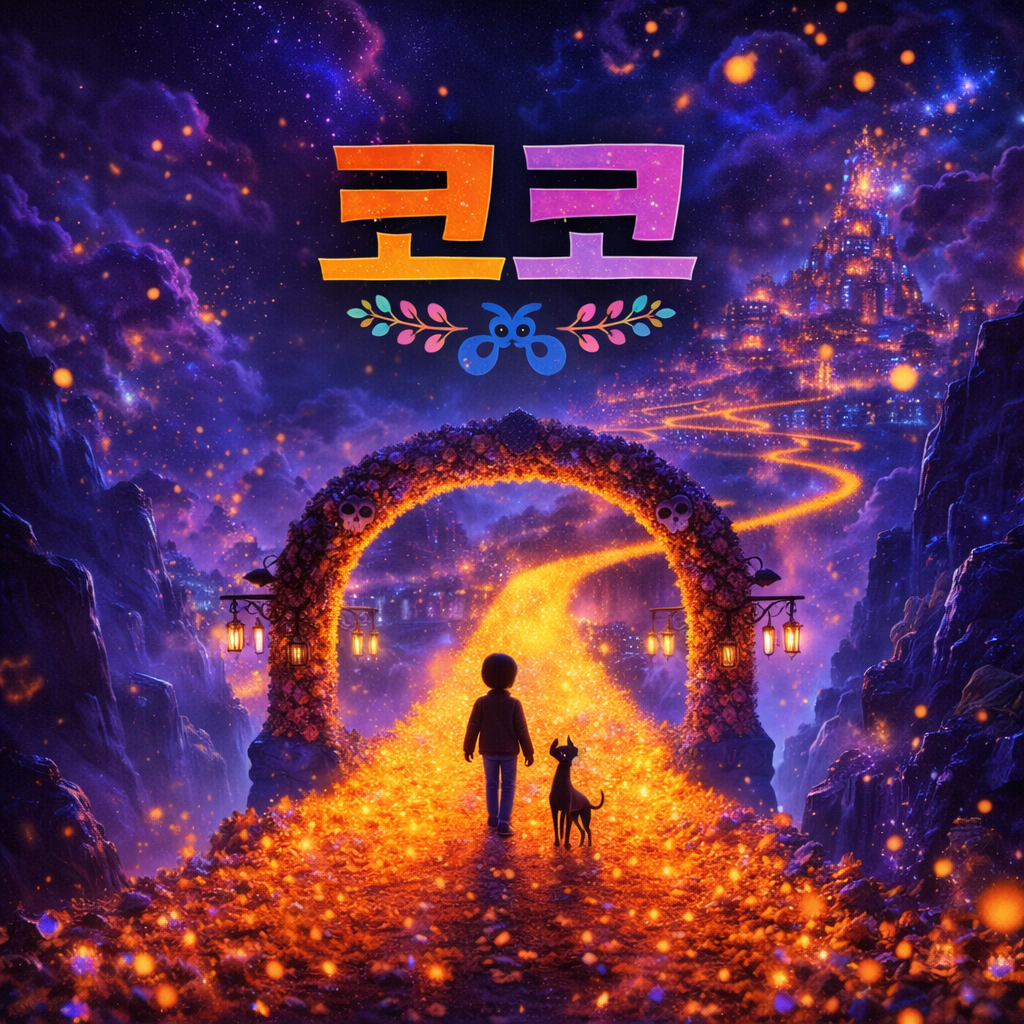 황천길을 출발하는 코코와 강아지의 뒷모습. 영화제목 코코 문구가 삽입되어 있음.