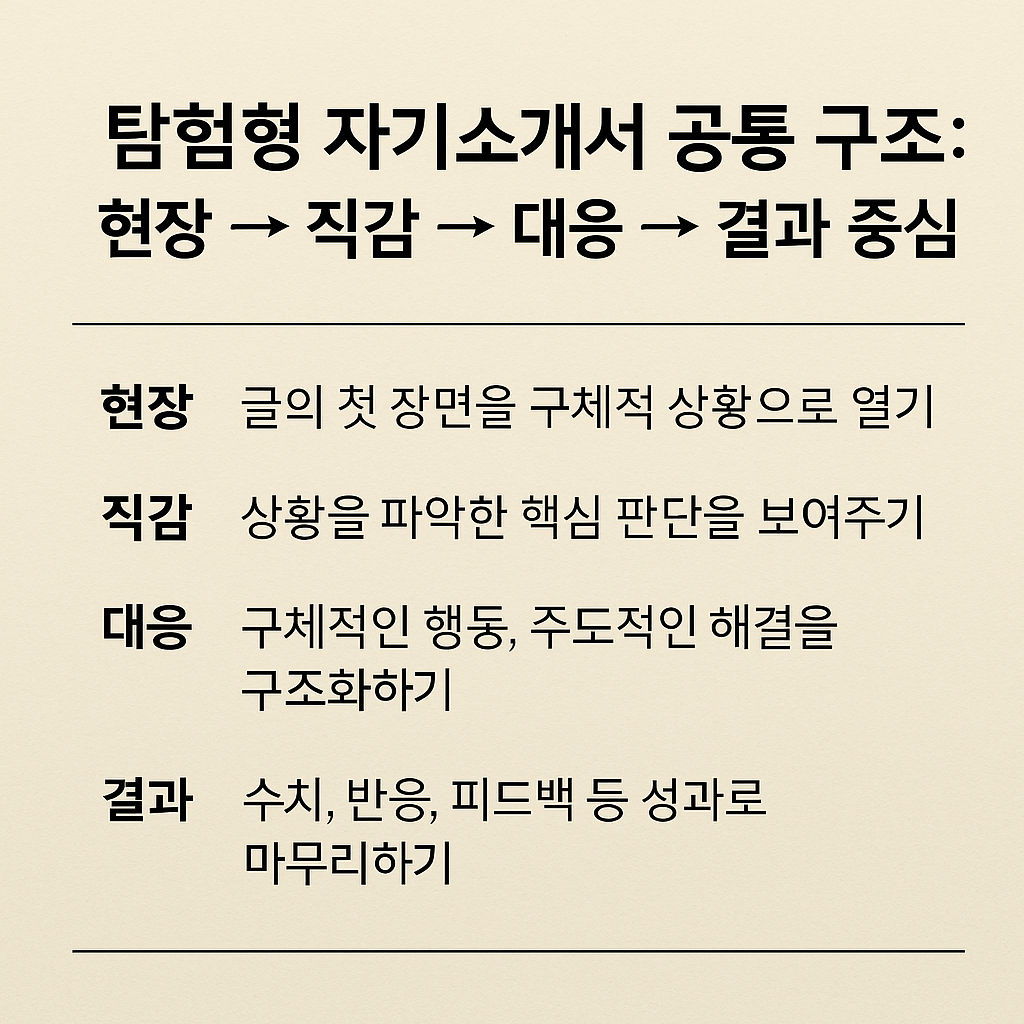 탐험형 자기소개서 공통 구조: 현장 → 직감 → 대응 → 결과 중심 서사 전략