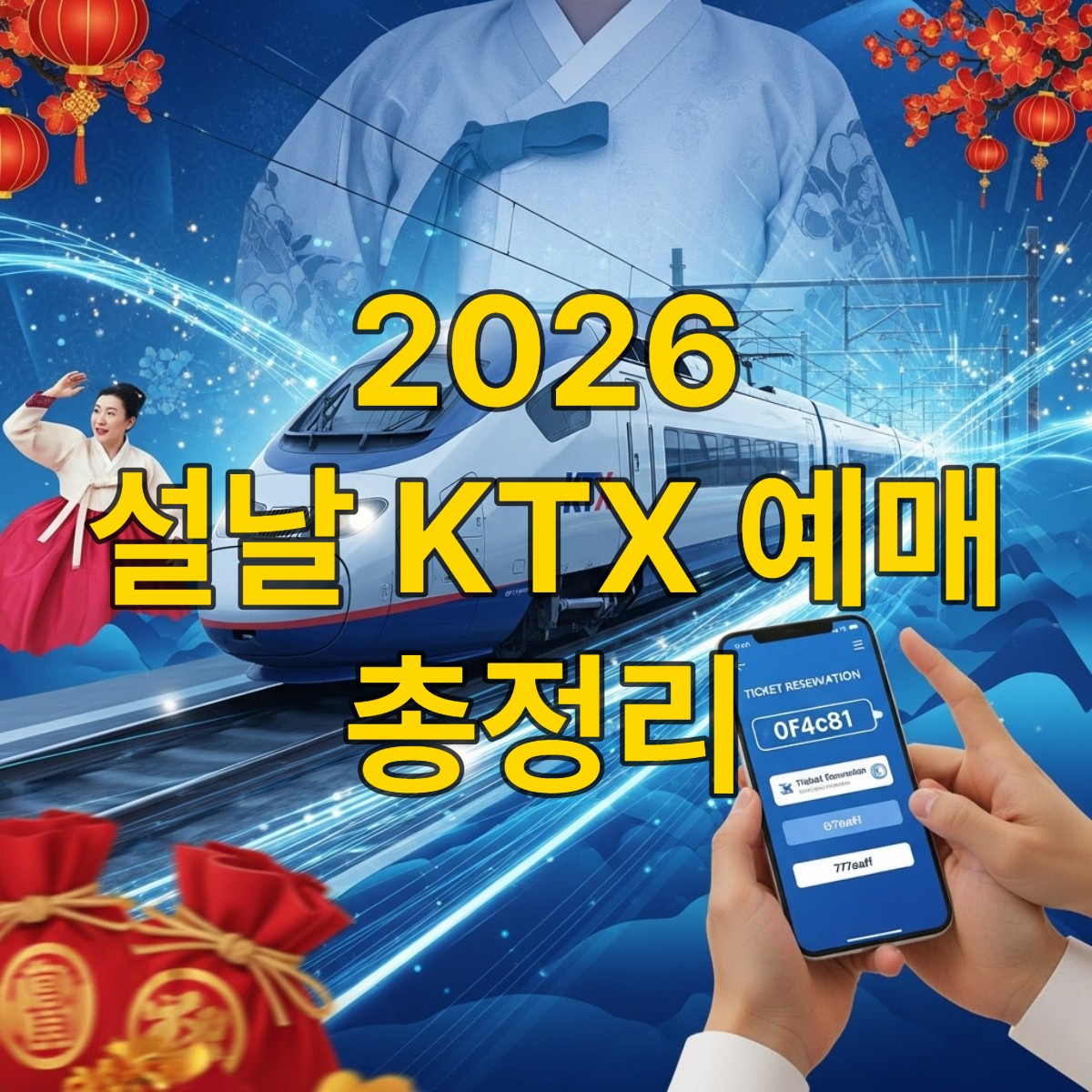 2026년 설날 KTX 예매 성공을 상징하는 역동적인 이미지, 스마트폰 화면에 KTX 예약 완료 메시지가 뜨고 기차 노선이 빛나는 모습.