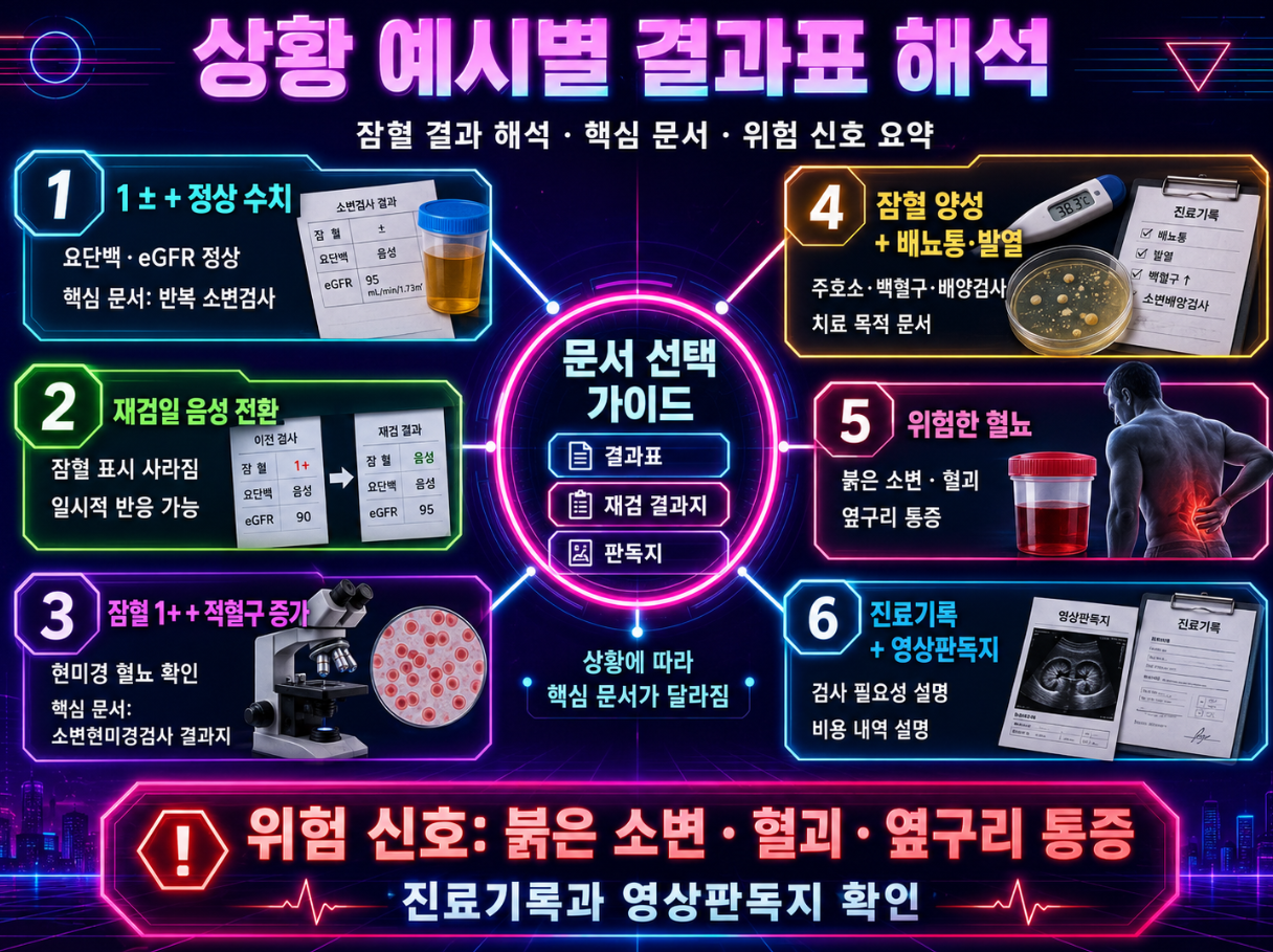 소변잠혈 상황 예시별 결과표 해석과 핵심 문서 선택 기준을 정리한 신스웨이브 의료 인포그래픽