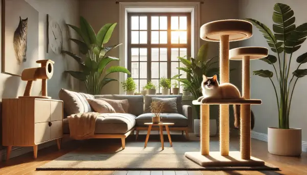 햇빛이 들어오는 창가 옆, 고양이 타워 위에서 창밖을 바라보는 고양이와 아늑한 거실 공간