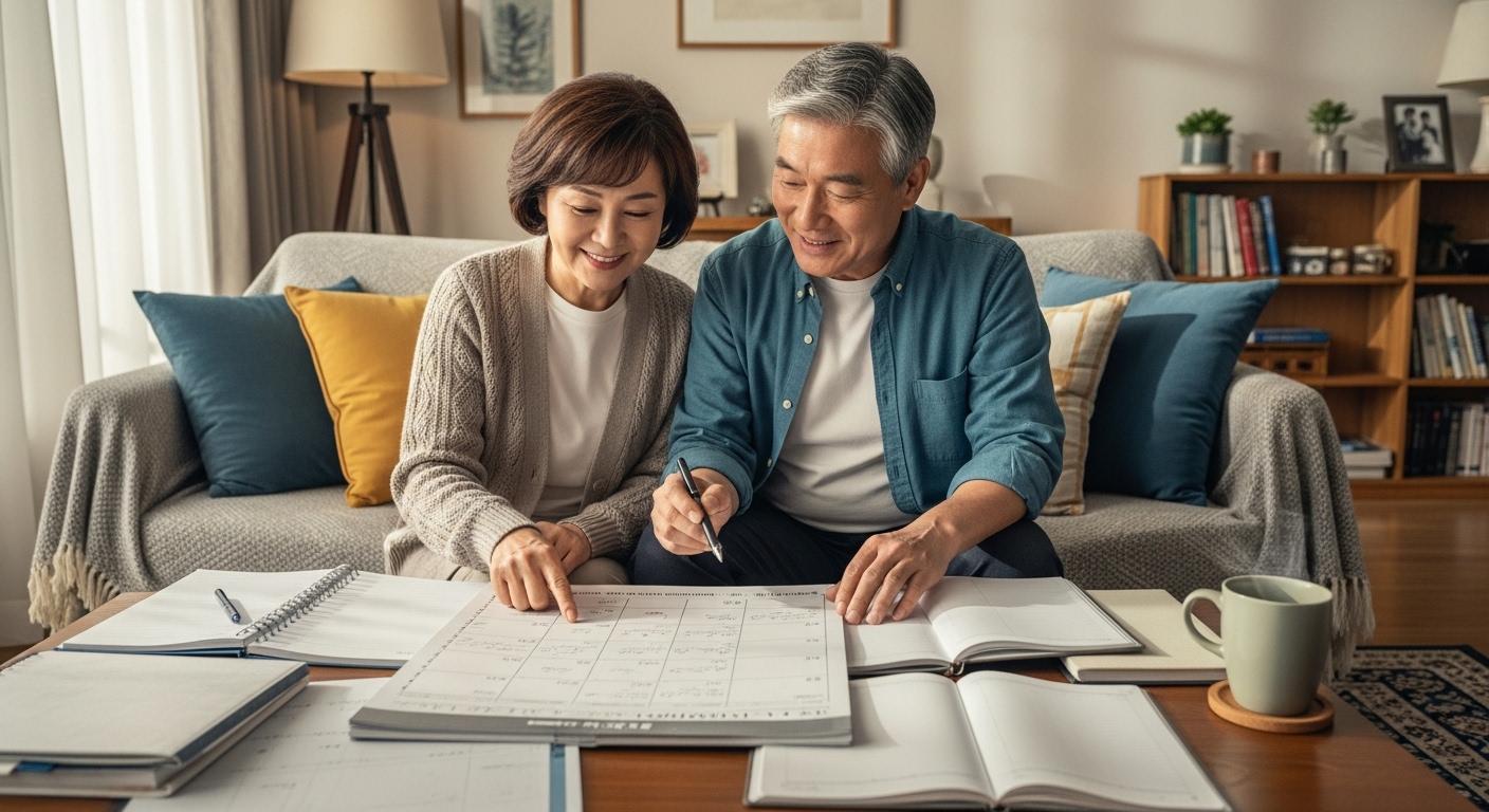은퇴 후 새로운 일상을 계획하며 노트에 메모하는 부부