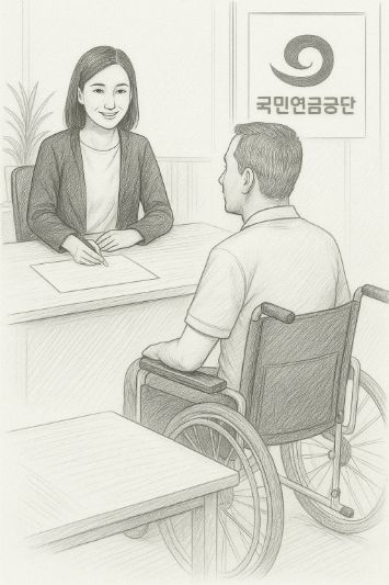 국민연금공단에서 장애심사 서류를 검토하는 사무실 장면
