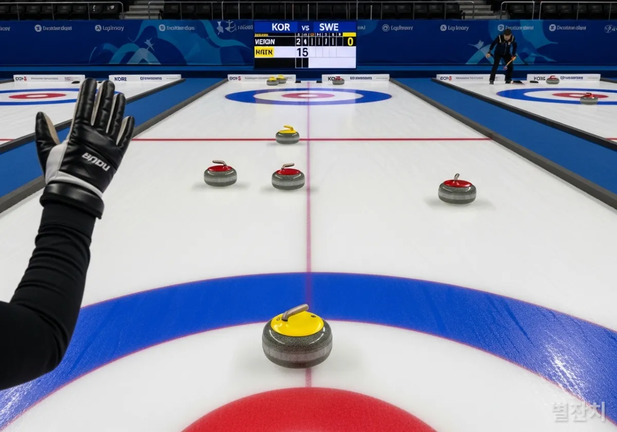 컬링 하우스 안의 스톤 배치와 전광판 점수를 확인하며 신중하게 작전을 구상하는 모습