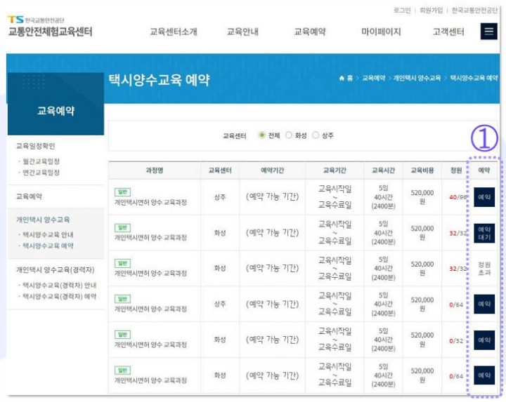 개인택시 양수교육 신청 예약하기 예약방법 유의사항