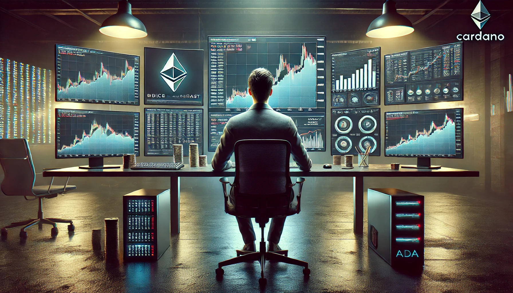 암호화폐 시장 분석 중인 남성의 뒷모습