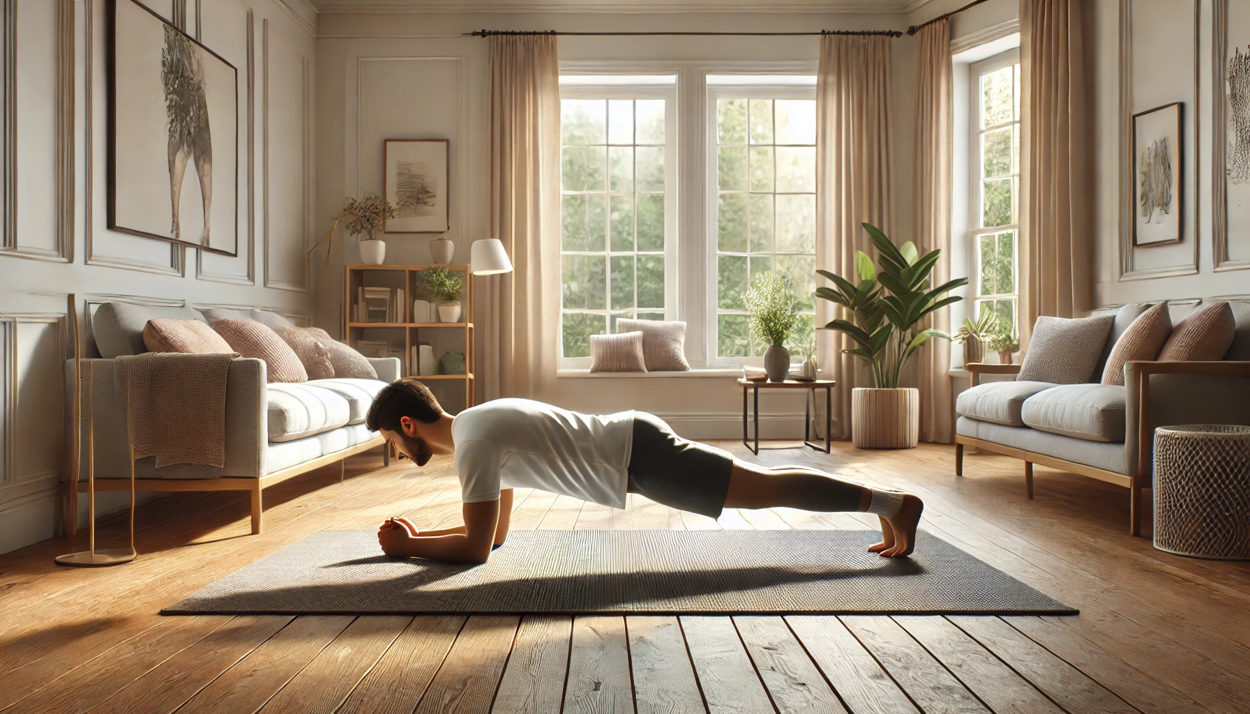 한 남자가 집에서 플랭크 하는 모습