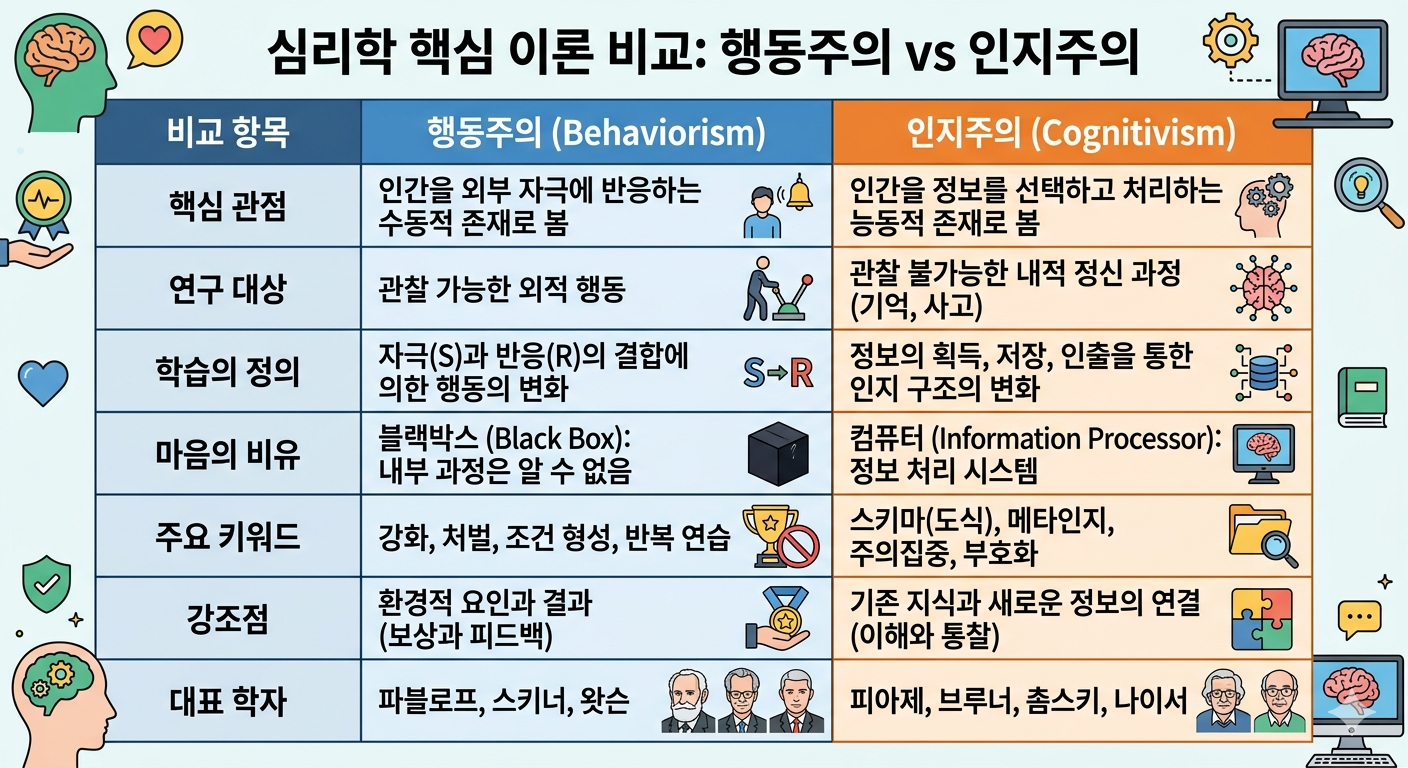 심리학 행동주의와 인지주의 주요 관점과 특징을 비교분석한 표 이미지