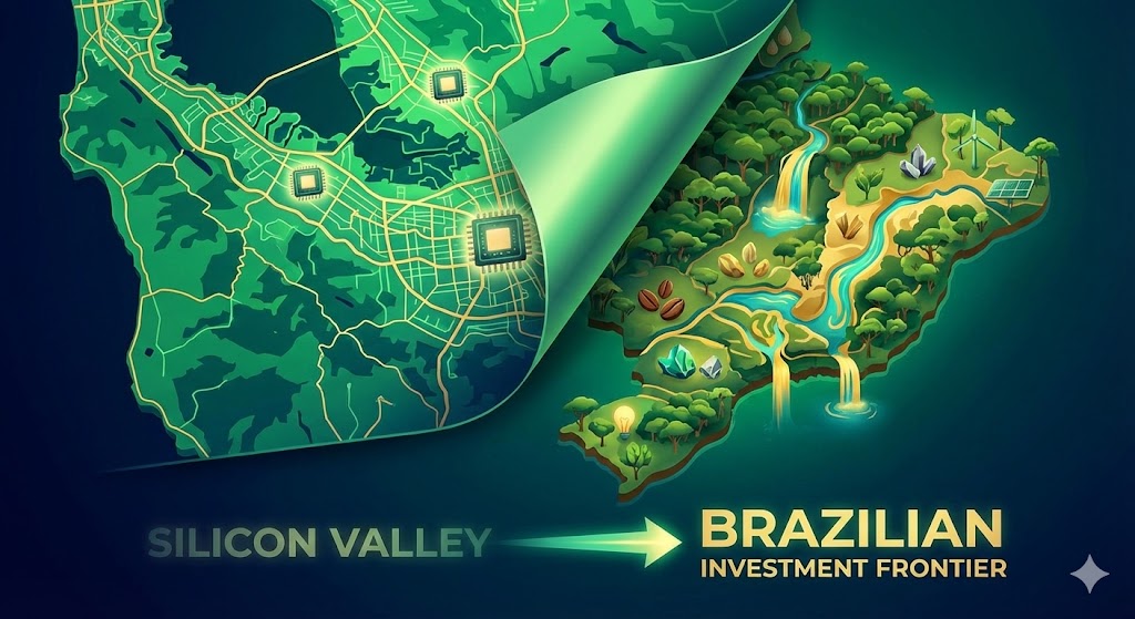 거대한 실리콘밸리 지도가 반으로 접히고, 그 뒤로 브라질 경제 지도가 나타나는 반전형 일러스트